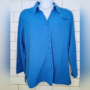 Chico's Size 3 (XL/16) 100% Cotton Blue Button Up Roll Tab Sleeve Shirt